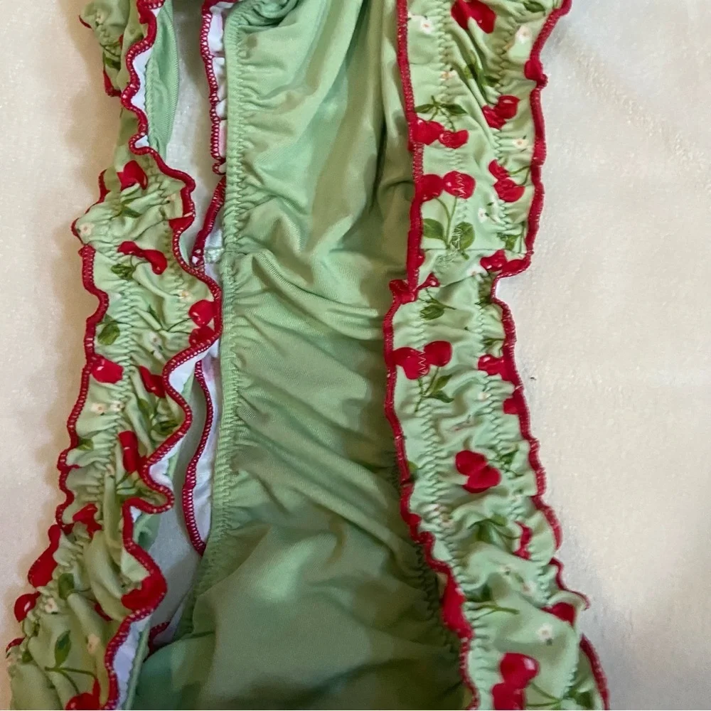 New! Frankie's Bikinis X PINK hudson Green Cherry Print Bikini Bottom 1543